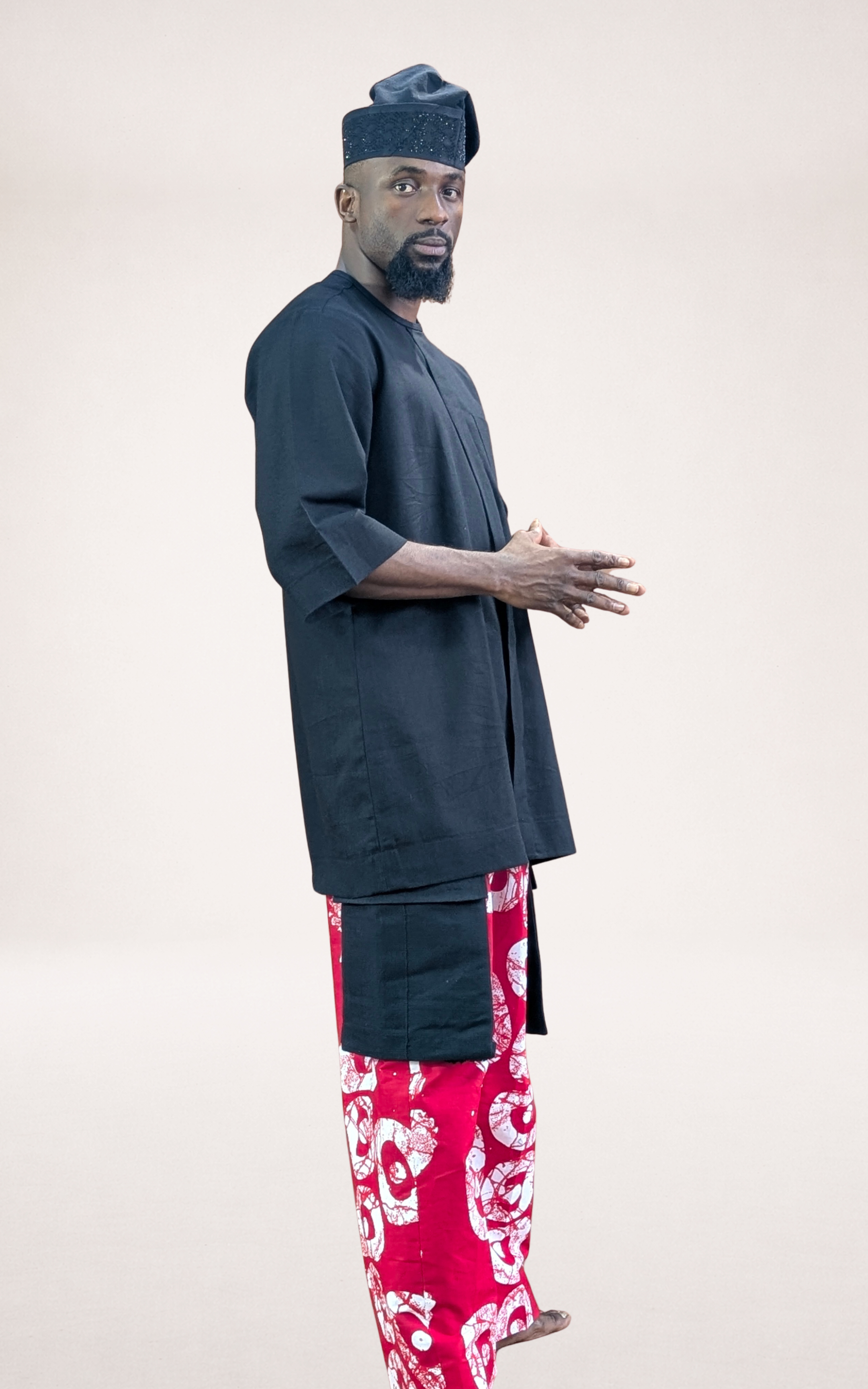 Red Adire Trousers, Black Native Shirt and Black Cap - page 4